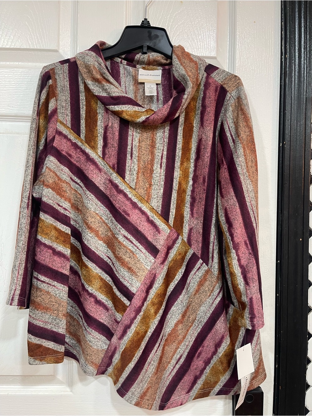 Alfred Dunner Striped Cowl Neck Sweater in Plum, Rust & Cream